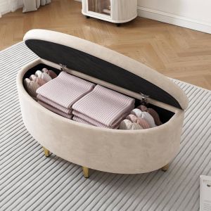Banc de Rangement Bout de lit Coffre de Rangement avec Assise Aspect Velours et Pieds M&eacute;tal 90 x 40 x 42 cm Beige