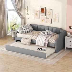 Lit Banquette 90x200 cm Canap&eacute;-lit Rembourr&eacute; en Tissu Gris avec Lit Gigogne 90x190 cm sur Roulettes &ndash; Sans matelas