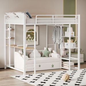 Lit enfant 90x200 cm Lit mezzanine 1 place 1 personne Avec échelle table suspension simple avec compartiment de rangement blanc