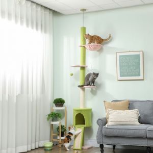 Arbre &agrave; chat du sol au plafond 5 niveaux hauteur r&eacute;glable 220-240 cm plateformes fleur avec griffoir niche hamac vert