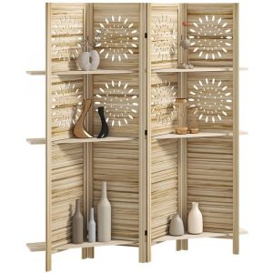 Paravent int&eacute;rieur - HOMCOM - 4 panneaux et 3 &eacute;tag&egrave;res - pliable - bois de paulownia - 160 x 170 cm - bois naturel