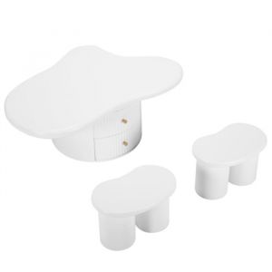Ensemble Meubles Salon 97x67x37cm Table Basse Nuage Avec 2 Poufs Blancs Plateau MDF Incluant 2 Tiroirs Et Feutres De Protection