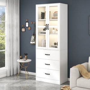 Vitrine Blanche 60 x 40 x 200 cm avec LED 2 Portes en Acrylique 3 Tiroirs et &Eacute;tag&egrave;res R&eacute;glables Biblioth&egrave;que Vitr&eacute;e Moderne