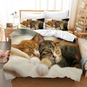 3D Housse de Couette Chat 140×200 cmLiterie pour EnfantsImprimé Chat Mignon + 2 Taie doreiller 65×65cm