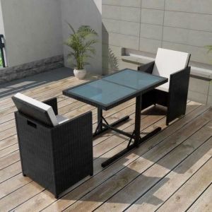Ensemble de mobilier de jardin en résine tressée noir - Table 110x53x72cm + 2 chaises + 4 coussins amovibles