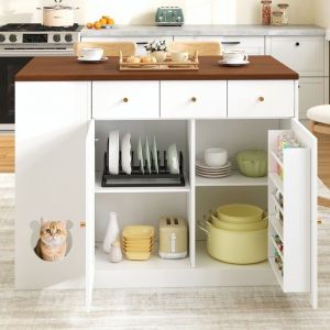 &Icirc;lot de cuisine avec couvercle rabattable - 120 x 40 (70) x 90 cm avec 3 tiroirs 3 portes coin repas pour animaux - Blanc