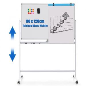 COSTWAY Tableau Blanc Magnétique 120 x 80 cm Double Face Réversible Effaçable à Sec 2 Hauteur Réglable 4 Roulettes Mobile Blanc