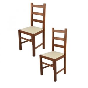Tommychairs - Set 2 chaises cuisine RUSTICA structure en bois de h&ecirc;tre peindr&eacute; en noyer clair assise en cuir artificiel ivoire