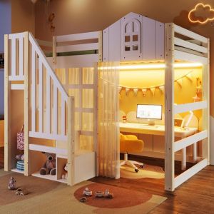 Lit superpos&eacute; ch&acirc;teau 140x200 cm avec LED lit mezzanine bois avec escalier de rangement espace bureau modulable et voilage Blanc