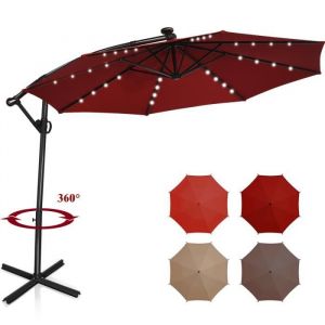 COSTWAY Parasol D&eacute;port&eacute; 3M 24 Lumi&egrave;res LED Solaires Rotatif 360&deg;Base Crois&eacute;eManivelle Angle R&eacute;glage Poteau en Aluminium Bourgogne