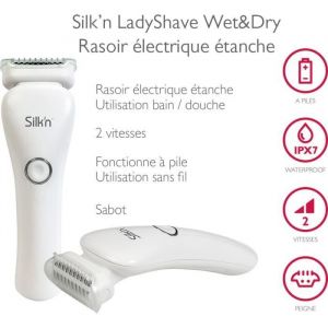 Rasoir &eacute;lectrique &eacute;tanche Silkn LadyShave Wet&Dry pour femmes - 2 vitesses - Fonctionne &agrave; piles