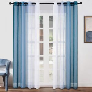 Topfinel Rideau Voilage Fenetre 140x240 cm  Lot de 2 Rideau Voile de Salon Bleu Blanc Transparent à Oeillets Voilages Intérieur