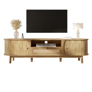 Meuble TV en Rotin avec Portes et Tiroirs Meuble de Rangement Marron Fonc&eacute; pour Salon avec Porte Coulissante 165 x 37 x 46 cm