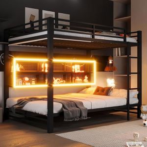 Lit superpos&eacute; 140 x 200 cm pour enfant avec armoires de rangement lumi&egrave;re LED cadre de lit pour adolescent san LITS SUPERPOSES