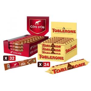 Bâtons Côte d'Or (24 barres) & Toblerone (24 barres) - Box Barres gourmandes - Chocolat au Lait et Noisettes Entières