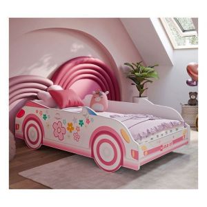 Lit enfant fille voiture rose 160x80 avec matelas et sommier