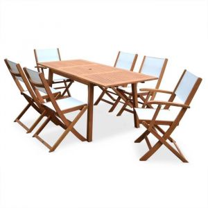 Salon de jardin en bois extensible - Almeria - Table 120/180cm avec rallonge. 2 fauteuils et 4 chaises. en bois dEucalyptus huil&eacute;