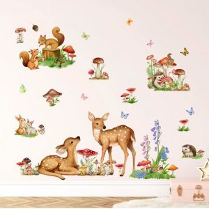 Animaux des Bois Sticker Muraux Champignon Cerf Renard Lapin Stickers Mural Décorations Autocollants Muraux pour Salon Chambre
