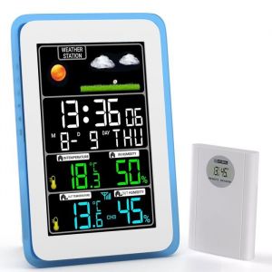 Station Météo Sans Fil Intérieure et Extérieure avec Thermomètre Hygromètre Baromètre LED Écran Rétro-éclairé
