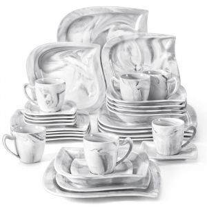 MALACASA Assiette S&eacute;rie ELVIRA 30 pi&egrave;ces Service de Table Porcelaine Marbre Le dessin de motif deau grise lisse - Gris