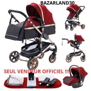 BAZARLAND30.Poussette Combinée 3 en 1 Siège-Auto Nacelle Trio Réversible Réglable Haute Qualité Roues increvables. ROUGE