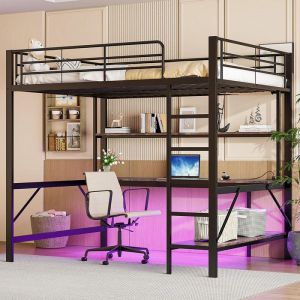 Lit Mezzanine 140x200 cm Garde-Corps Escabeau USB/Prise &Eacute;clairage LED T&eacute;l&eacute;command&eacute; Bureau &Eacute;tag&egrave;re M&eacute;tal Noir