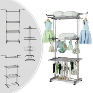 Étendoir à linge en acier inox  Séchoir multifonction  4 niveaux  rangement facile  Avec flancs et roues  Gris