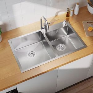 &Eacute;vier 2 Bacs en Inox - 75x45x19 CM - &Eacute;vier Cuisine Bross&eacute; avec Distributeur de savon et Ensemble de drainage