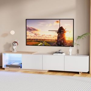 Meuble TV Extensible - 163-240x38x44cm - Design Blanc & Ch&ecirc;ne Clair avec Bande LED Sensorielle &ndash; Grande Capacit&eacute; et Fonctionnalit&eacute;