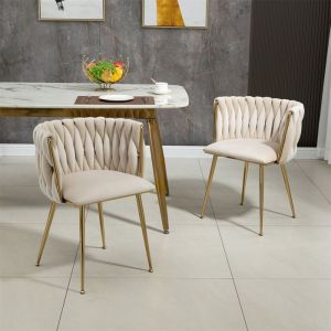 Fauteuil Salon Chambre Relax Scandinave Chaise Salle a Manger en Velour Lot de 2Pieds Métalliques DorésTissé à MainBlanc Ivoire