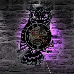 Hibou Horloge Murale Hibou Disque Vinyle Horloge Murale avec lumi&egrave;re LED Lumineuse Salon d&eacute;coration de la Maison Horloge Cadeau