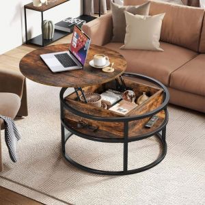 Table Basse Ronde - avec Plateau Relevable Rangement cach&eacute; - Table dappoint - 80 x 80 x 47cm