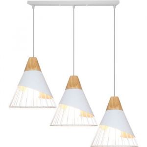 Suspension Luminaire UNI - WOTTES - Blanc - 3 ampoules - Fer Forgé - Bois massif