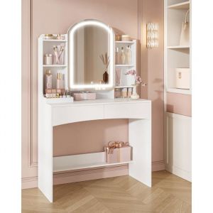 Coiffeuse avec &Eacute;clairage LED Grand Plateau de 90cmMiroir Rond Arqu&eacute; Rangement de Bijoux Cach&eacute; Derri&egrave;re Le Miroir3 CouleursBlanc