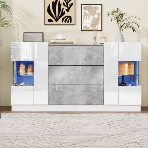 Buffet Bahut Moderne 2 Portes 3 Tiroirs avec LED Blanc Finition Brillante Meuble de Rangement 140x35x75 cm Buffet Bas El&eacute;gant