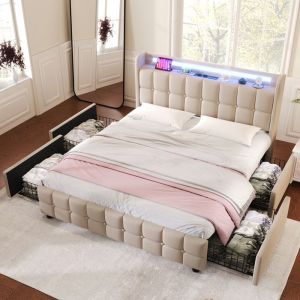 Lit coffre 160x200 cm en lin beige t&ecirc;te capitonn&eacute;e LED et prises USB 4 tiroirs acier 600 LBS (avec matelas)
