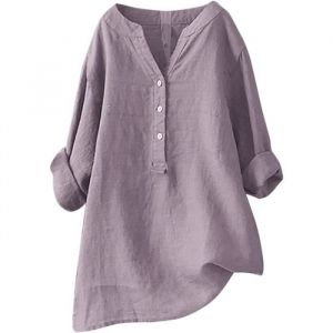 Chemisier Femme - Chic - 2024 - Coton Lin - Manches Longues - Col V - Violet