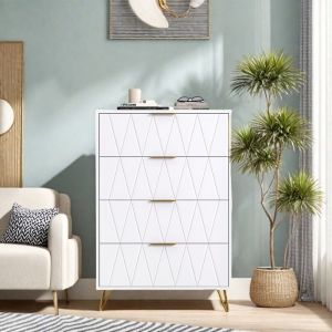 Commode 4 tiroirs - Buffet de rangement - Meuble de chambre - Pieds en métal - Style scandinave - 60 x 34 x 90 cm - Décor blanc mat