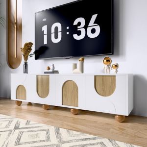 Meuble TV Moderne - Bas Avec 4 Portes Rangement et Pieds en Bois - MDF + PB - 175 x 38 x 50 cm - Naturel/Blanc