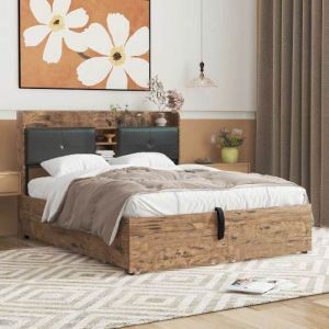 KoDise Lit adulte 160x200 cm Lit coffre Lit double - structure métal - avec tête de lit rangement et 2 tiroirs - bois et noir