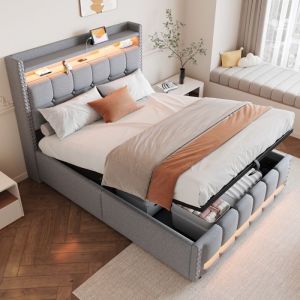 Lit coffre 140*200cm avec LED et prise USB lit hydraulique avec tête de lit et rangements lit double à lattes lin gris clair