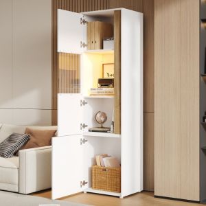 Armoire de Rangement Haute avec LED Meuble Vitrine Moderne 2 Portes Acrylique Blanc et Bois Naturel 50 x 40 x 179 cm