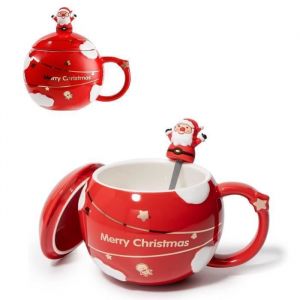 400ml Tasse Rouge en C&eacute;ramique avec Cuill&egrave;re et Couvercle Tasse &agrave; Caf&eacute; Chocolat chaud Lait de poule pour enfantsCadeau de No&euml;l