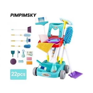 Chariot de M&eacute;nage Enfant Jouet dimitation Jouet nettoyage Jeu de r&ocirc;le + Balais + Vadrouille - Bleu YYV