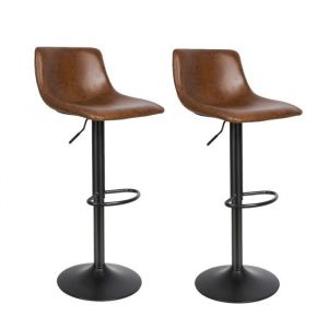Lot de 2 tabouret de bar en cuir PU marron - WILLONIN - Industriel - Loft - R&eacute;glable en hauteur - Pieds en m&eacute;tal