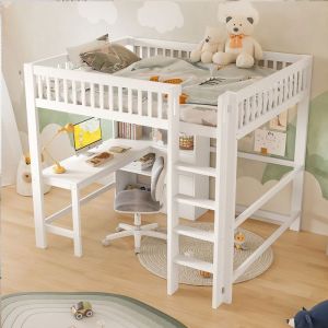 O.Ye Lit mezzanine haut 140 x 200 cmLit Pin avec multiples rangements bureau 3 tiroirs blanc LIT MEZZANINE