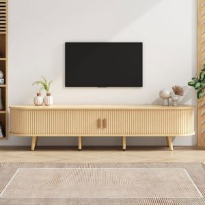 Meuble TV - avec Rangement + Plateau Rond MDF Grain de Bois 2 tiroirs - capacit&eacute; de Charge 30kg Taille 175 x 40 x 42cm