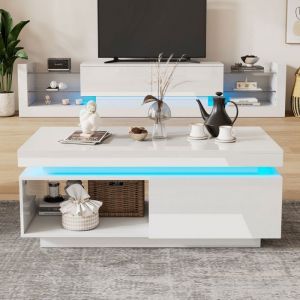 KoDise Table basse blanche Table basse brillante avec &eacute;clairage LED 1 tiroir et espace de rangement ouvert