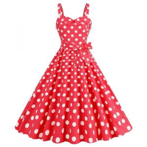 Robe Cocktail Femme Mi-Longue &Agrave; Bretelles Pois Sans Manches Col En V A-Line Evas&eacute;e Chic Et Elegante - Rouge