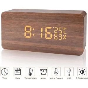 Réveil Numérique en Bois - Réveil LCD Horloge Digitale - Marron LED luminosité réglable - Afficher la Date Humidité Température